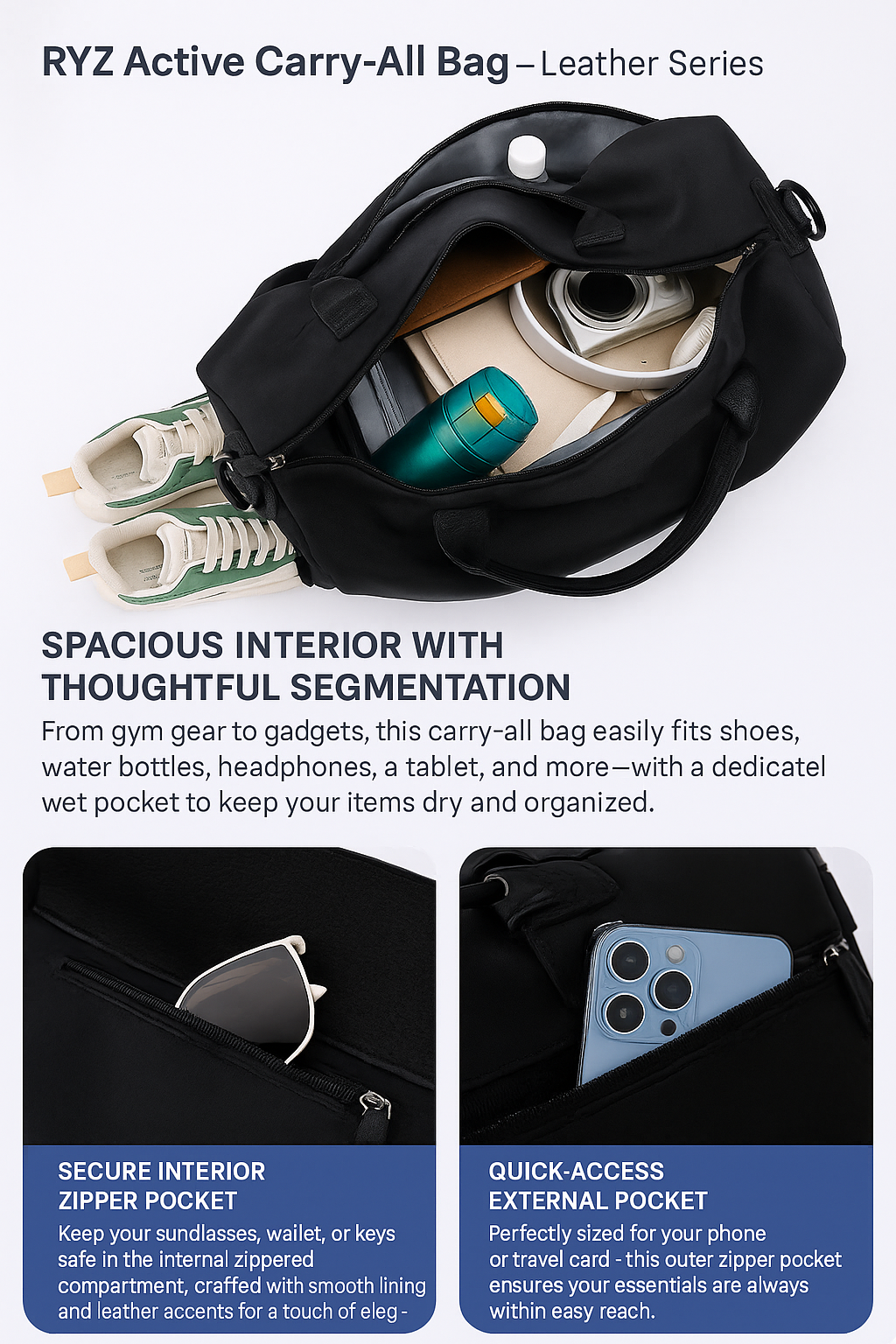 RYZ Active Bag - Carry All | Leather Series (OB) | Premium Gym Bag | Luxury Travel Duffle