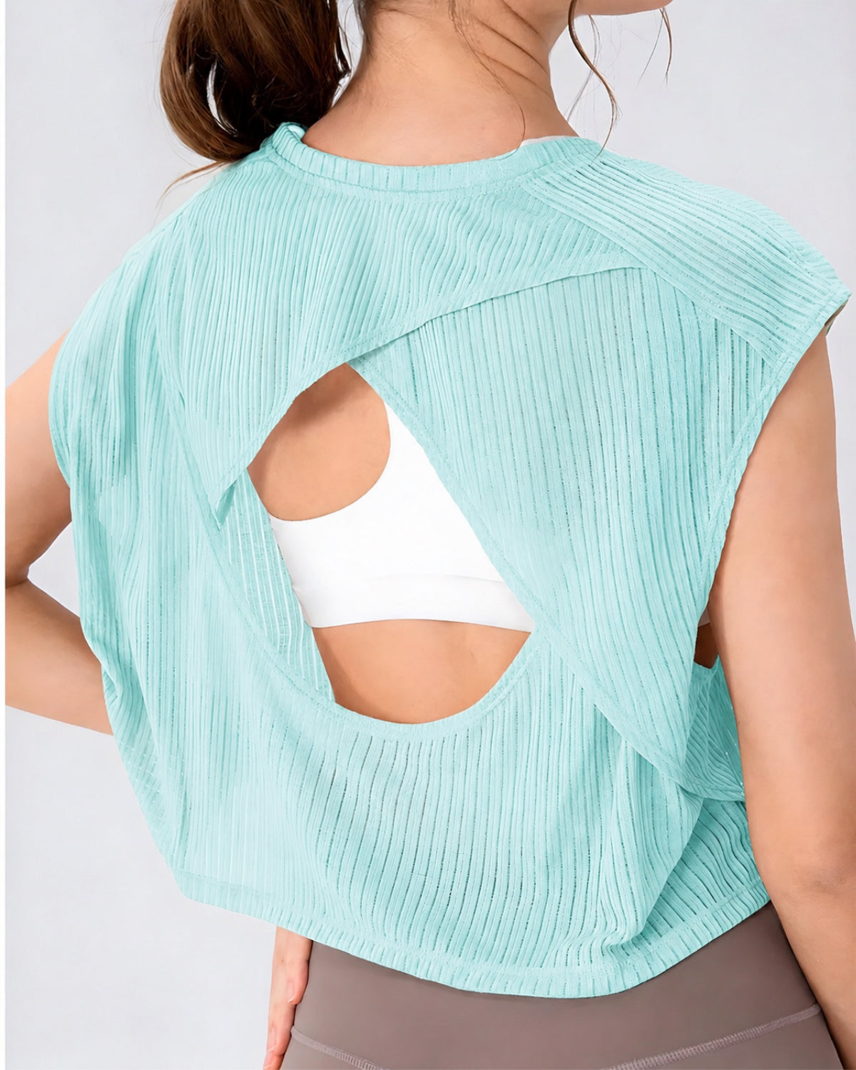 Core Flow Drape Over Top | Open-Back Workout Layer | Sheer Rib Mesh | Relaxed Cropped Fit (Aqua Blue)