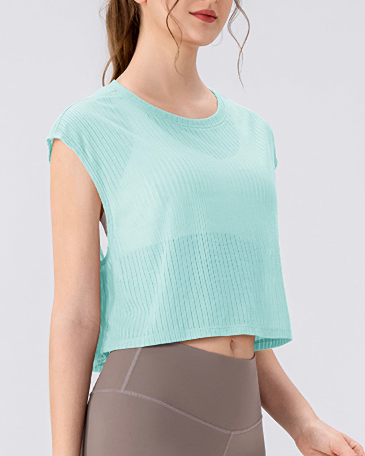 Core Flow Drape Over Top | Open-Back Workout Layer | Sheer Rib Mesh | Relaxed Cropped Fit (Aqua Blue)