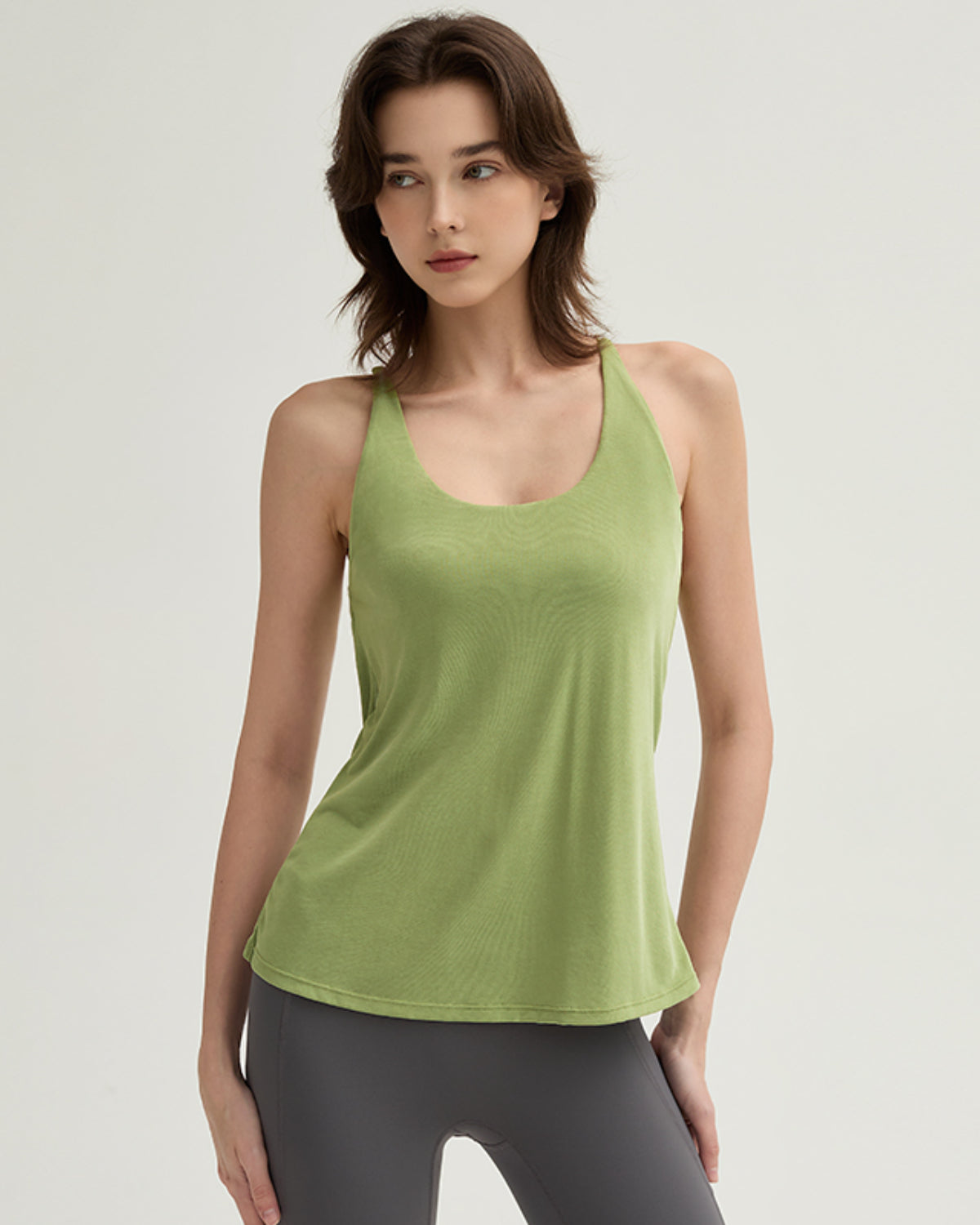 Swoosh Padded Cross-back Knot Blot Wrap Tank | In-built Sports bra | Yoga Top (GN)
