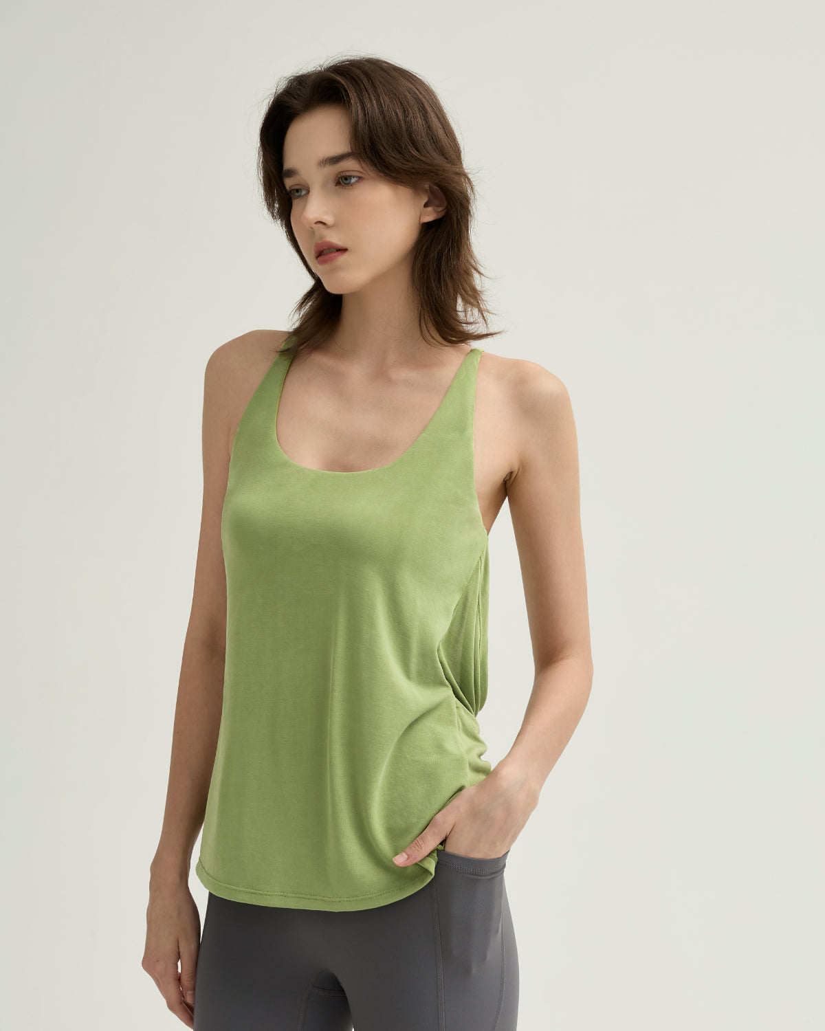 Swoosh Padded Cross-back Knot Blot Wrap Tank | In-built Sports bra | Yoga Top (GN)