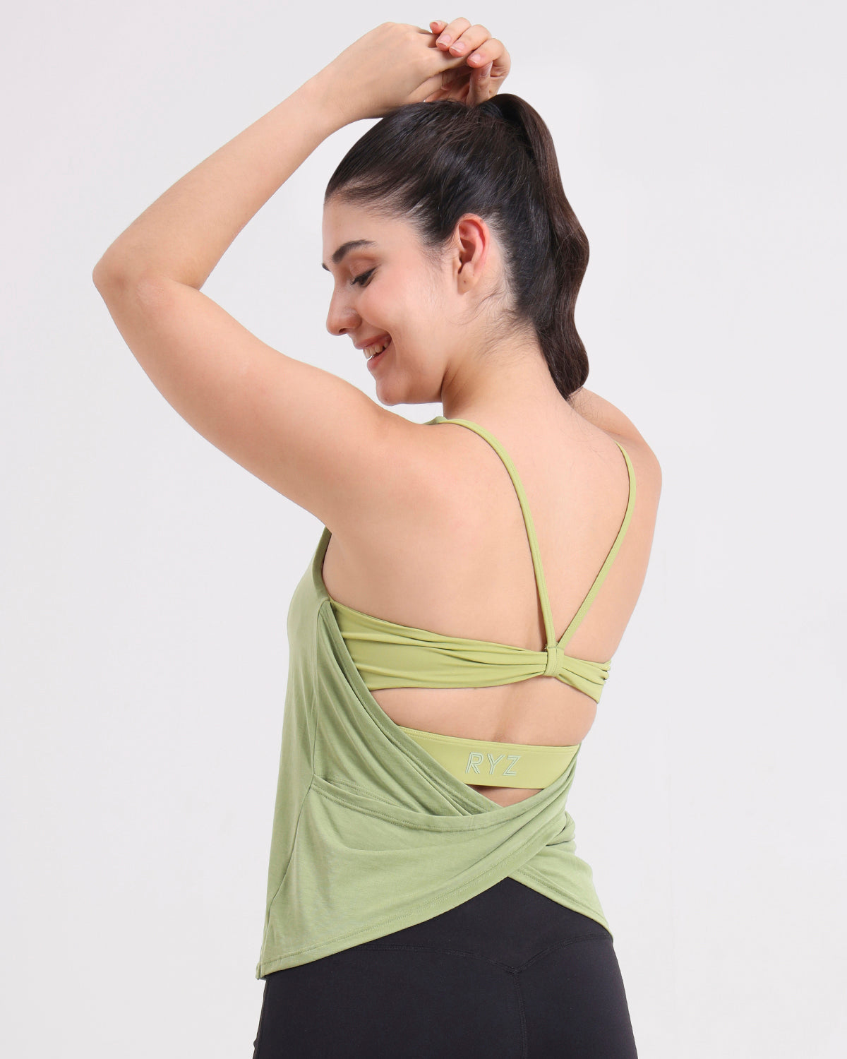 Swoosh Padded Cross-back Knot Blot Wrap Tank | In-built Sports bra | Yoga Top (GN)