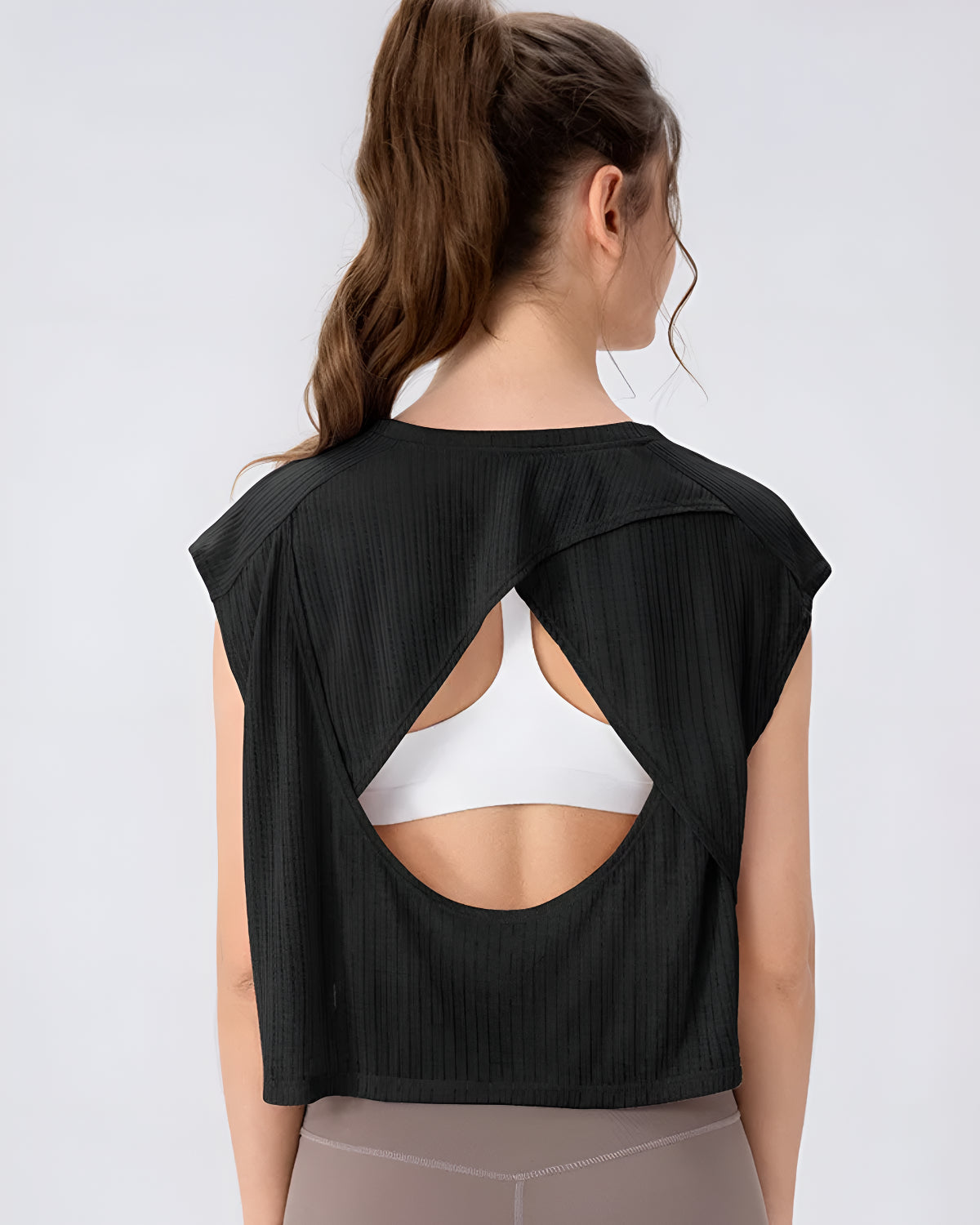 Core Flow Drape Over Top | Open-Back Workout Layer | Sheer Rib Mesh | Relaxed Cropped Fit (Black)