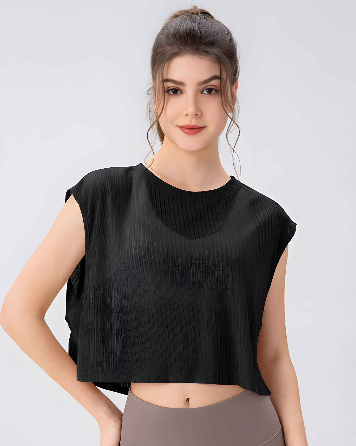 Core Flow Drape Over Top | Open-Back Workout Layer | Sheer Rib Mesh | Relaxed Cropped Fit (Black)