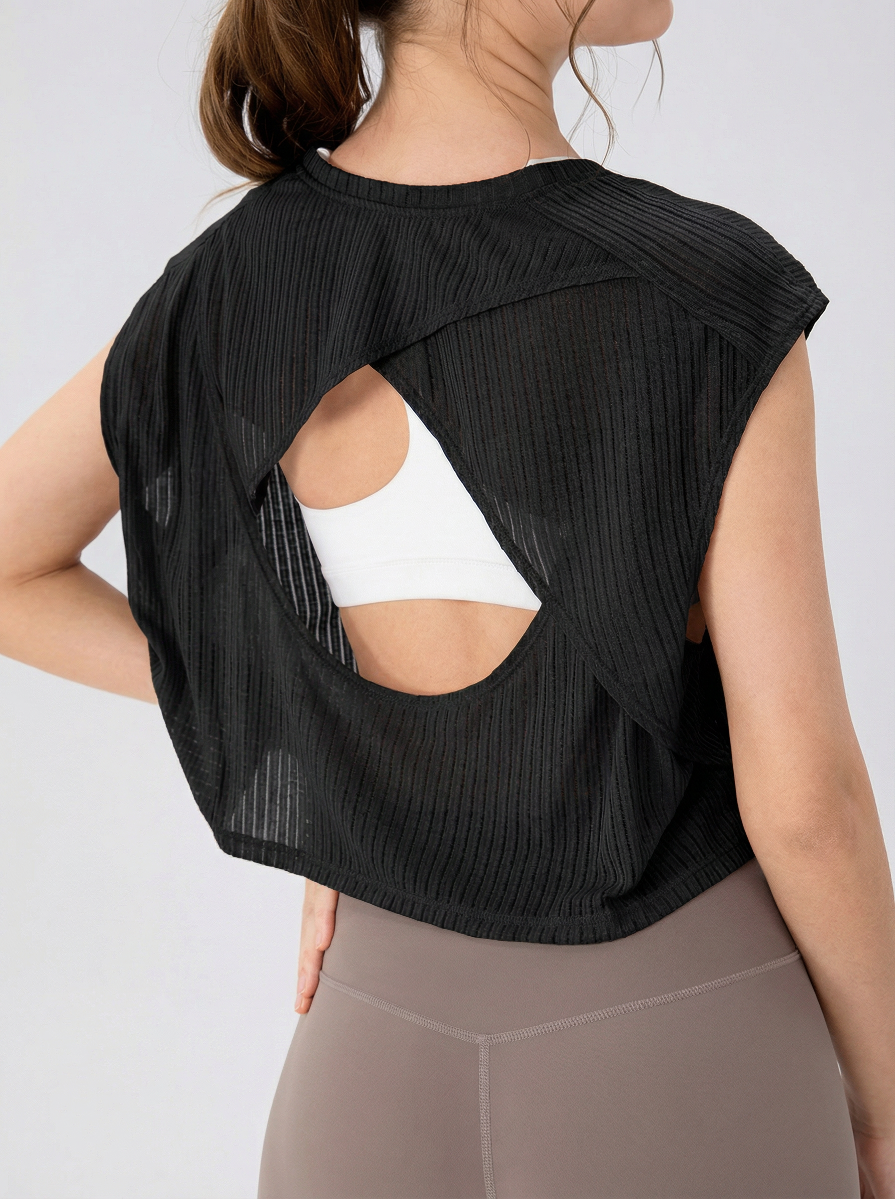 Core Flow Drape Over Top | Open-Back Workout Layer | Sheer Rib Mesh | Relaxed Cropped Fit (Black)