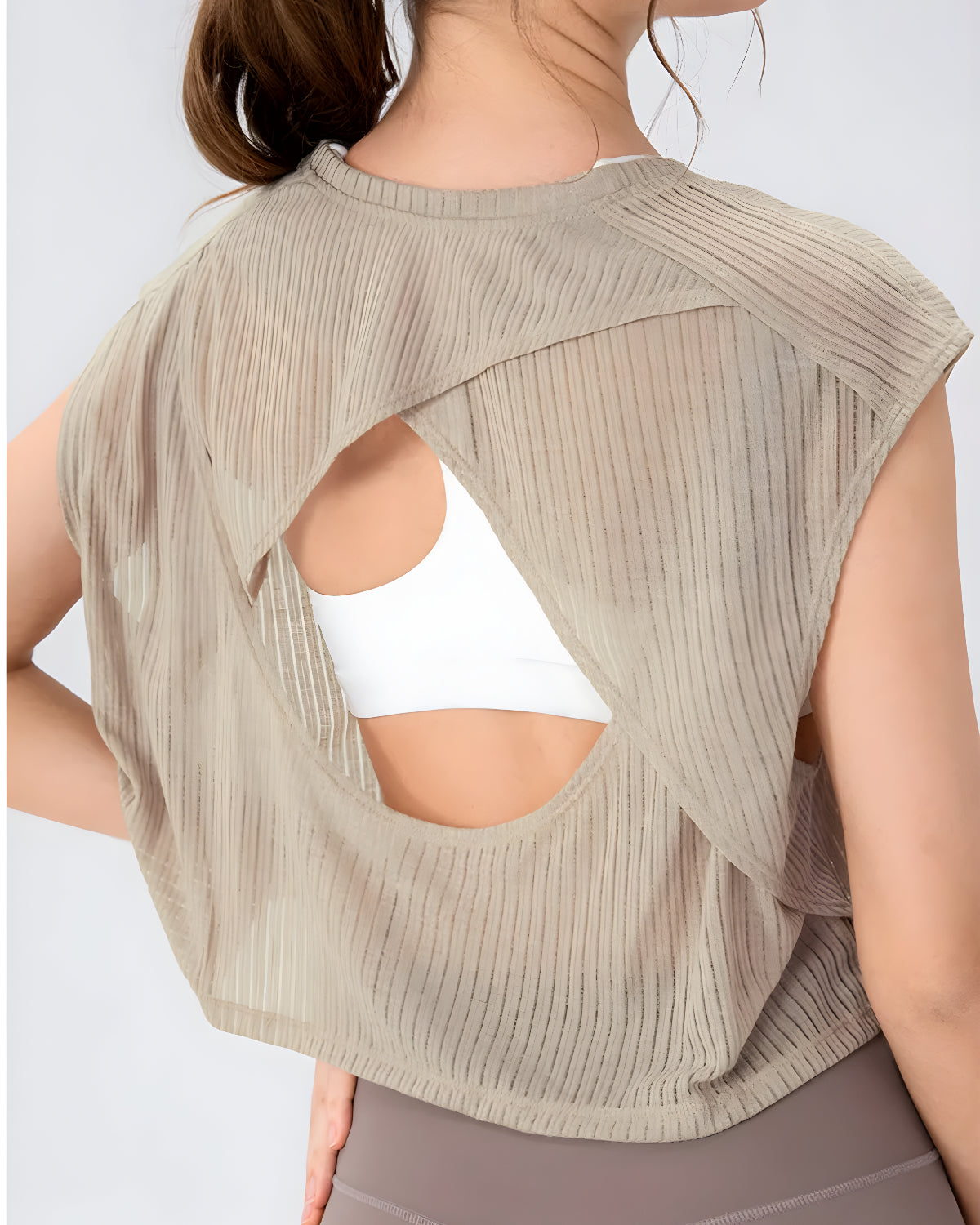 Core Flow Drape Over Top | Open-Back Workout Layer | Sheer Rib Mesh | Relaxed Cropped Fit (Khakhi)