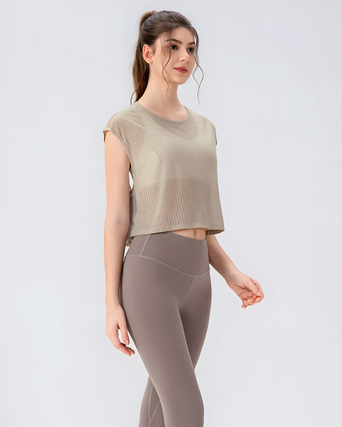 Core Flow Drape Over Top | Open-Back Workout Layer | Sheer Rib Mesh | Relaxed Cropped Fit (Khakhi)