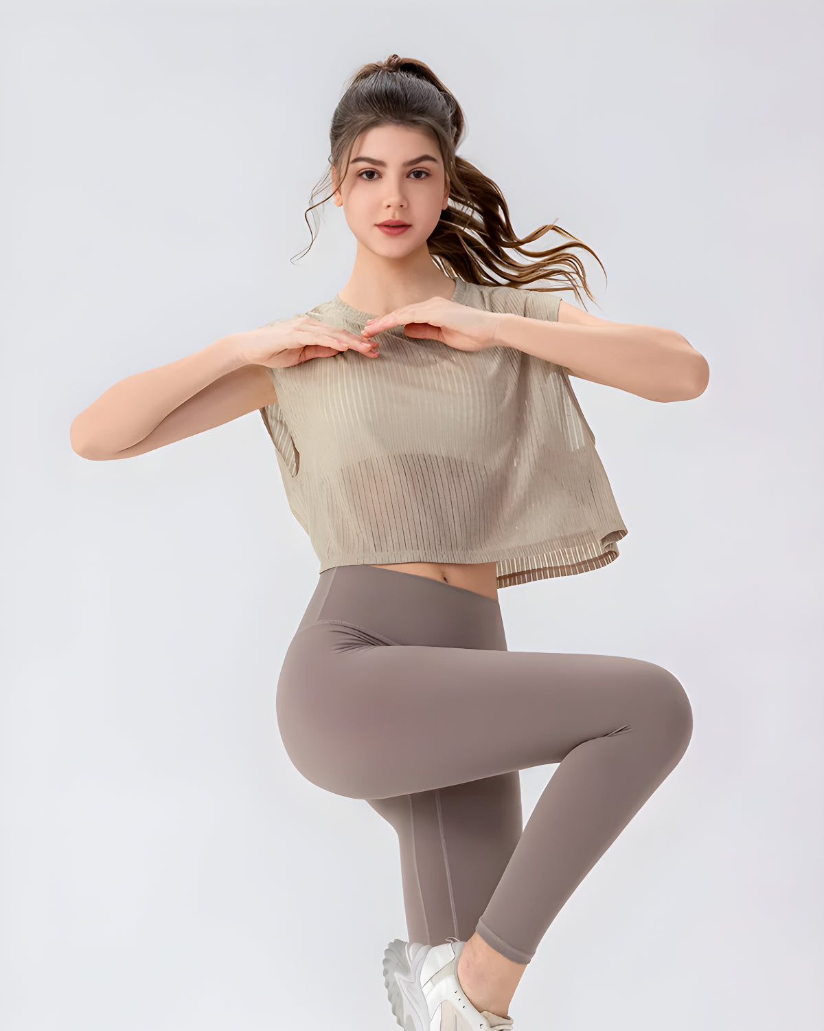 Core Flow Drape Over Top | Open-Back Workout Layer | Sheer Rib Mesh | Relaxed Cropped Fit (Khakhi)