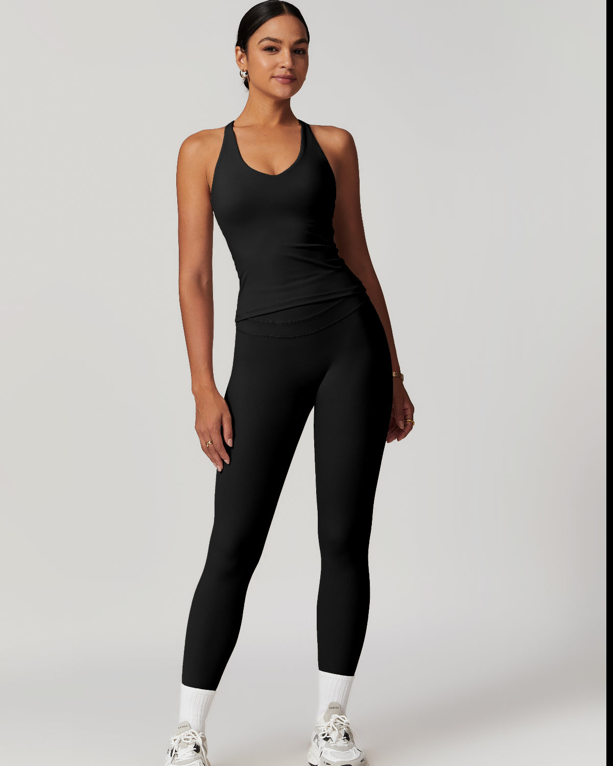 Core Sculpt Fit Set | Adjustable Straps Tank | Removable Pads | No Front Seam Leggings | Softretch® Workout Co-Ord (Black)