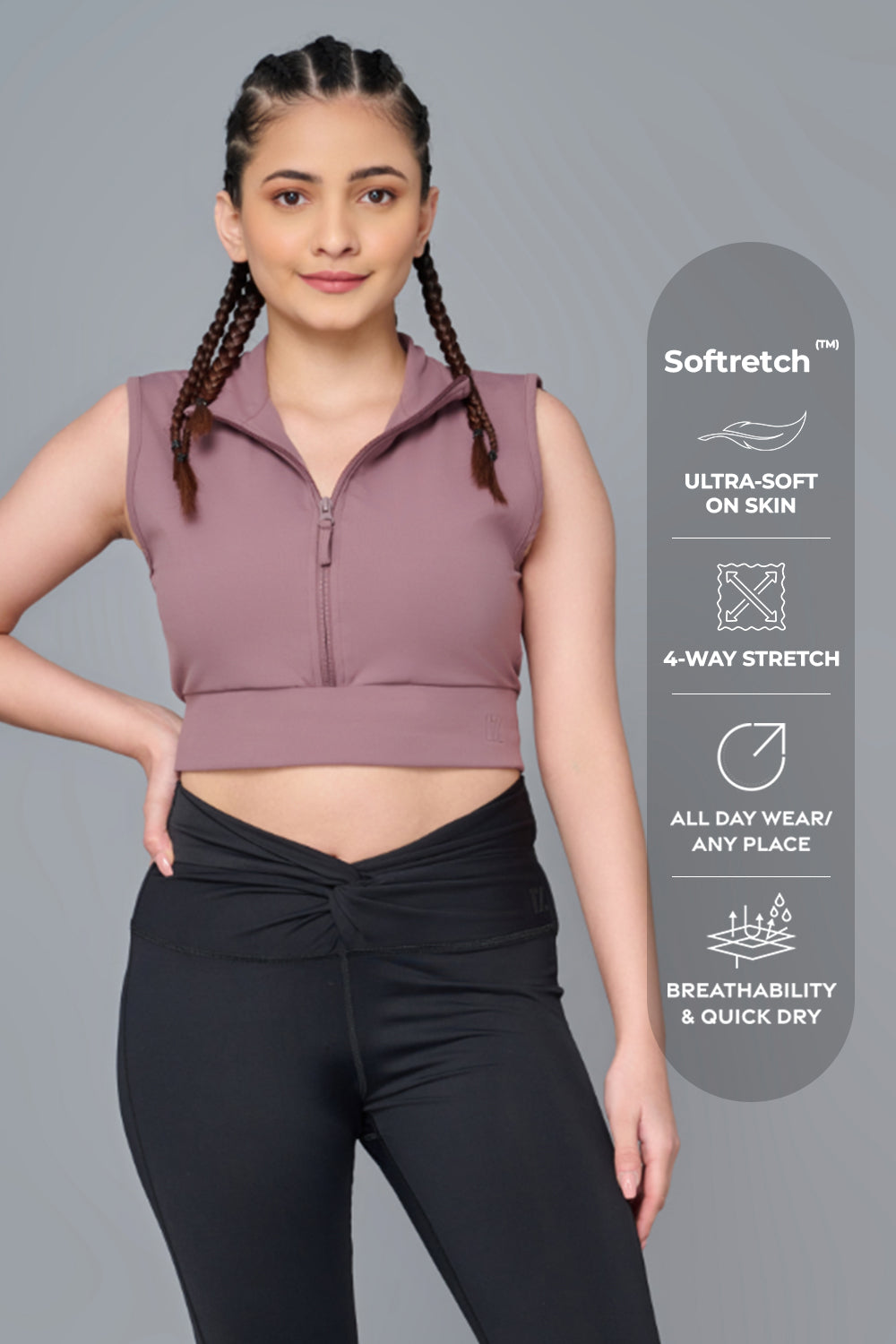 Core Front Zip High-Neck Crop Top (L) | Original Softretch®