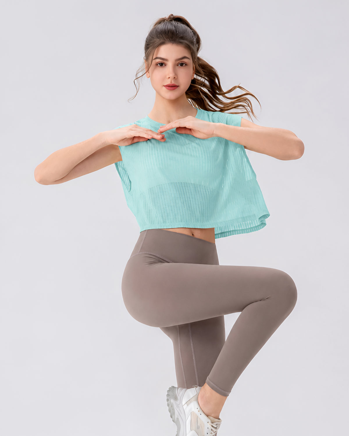 Core Flow Drape Over Top | Open-Back Workout Layer | Sheer Rib Mesh | Relaxed Cropped Fit (Aqua Blue)