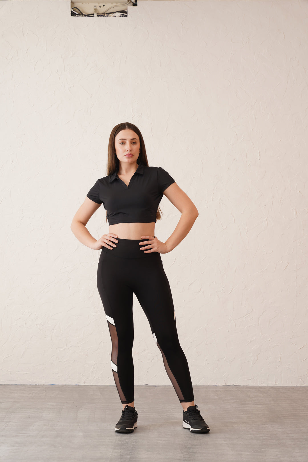 Black Mesh Active Look | Crop Polo & Mesh Leggings with Pocket