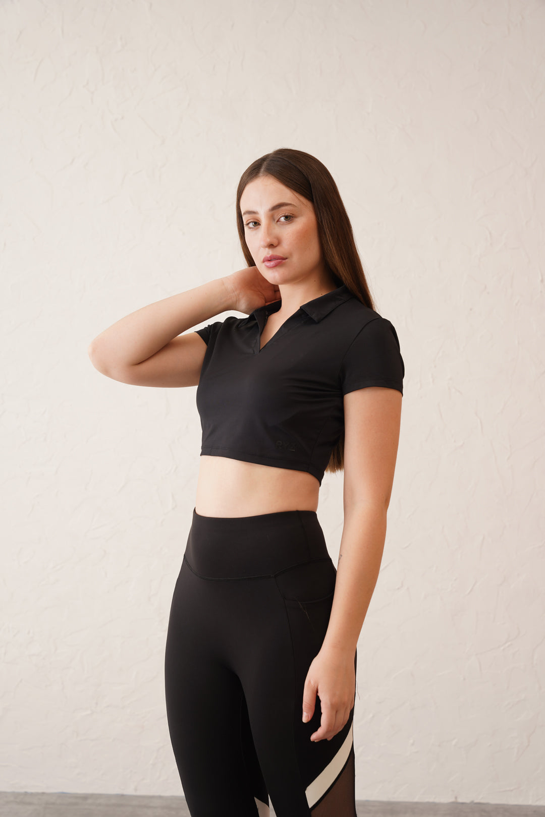 Black Mesh Active Look | Crop Polo & Mesh Leggings with Pocket