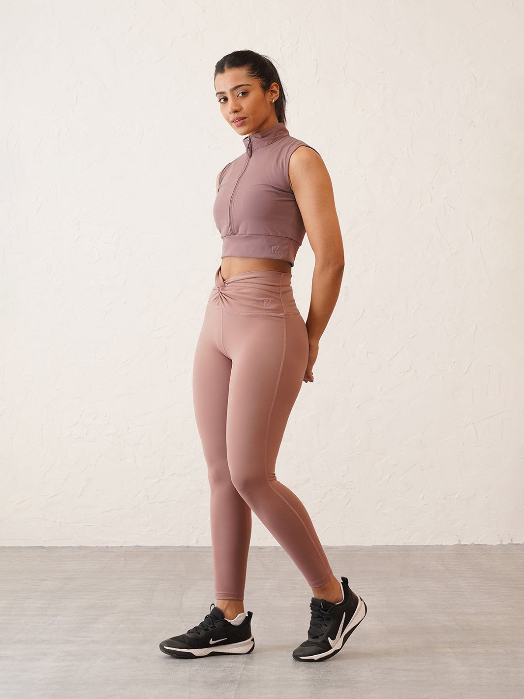 Coral Lavender Chic Look | Front Zip Crop Top & Designer Waist leggings