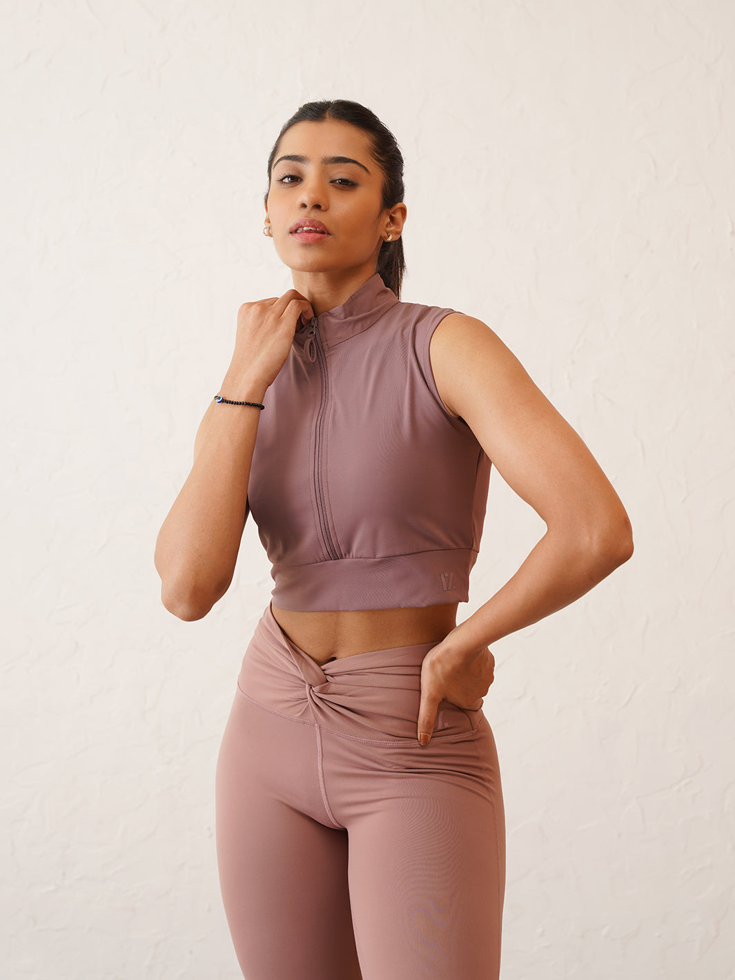 Coral Lavender Chic Look | Front Zip Crop Top & Designer Waist leggings