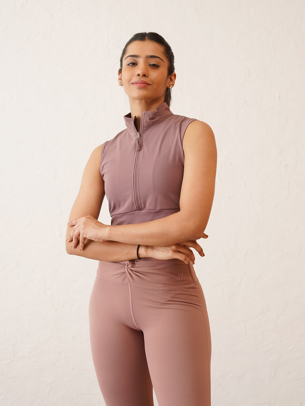 Coral Lavender Chic Look | Front Zip Crop Top & Designer Waist leggings