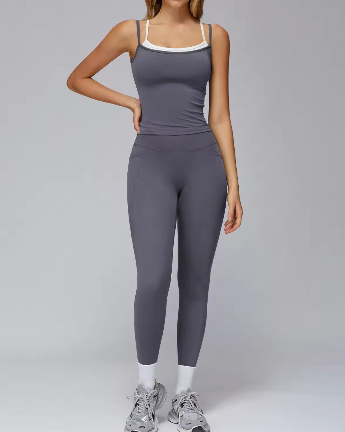 Signature Sculpt Active Set | Padded Tank + High-Waist Pocket Leggings | No Front Seam | Softretch® (Slate Grey)