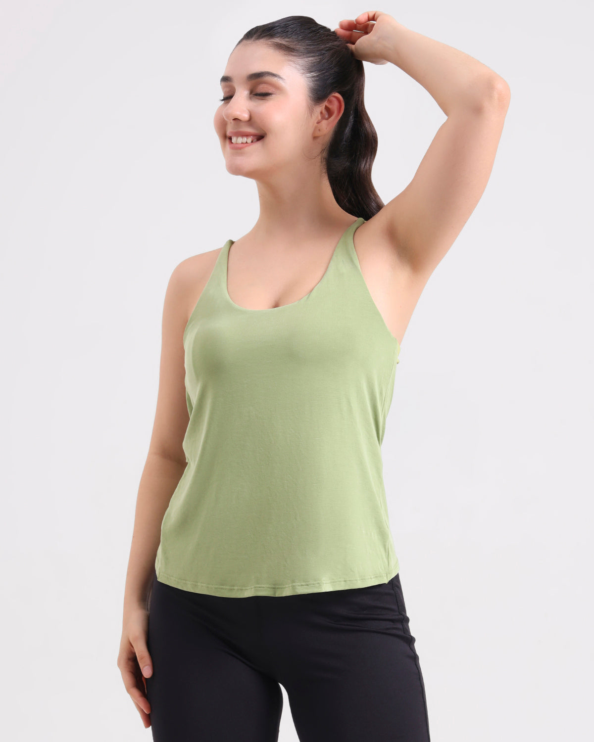 Swoosh Padded Cross-back Knot Blot Wrap Tank | In-built Sports bra | Yoga Top (GN)