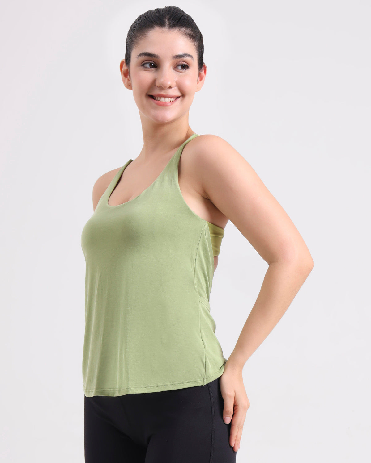 Swoosh Padded Cross-back Knot Blot Wrap Tank | In-built Sports bra | Yoga Top (GN)