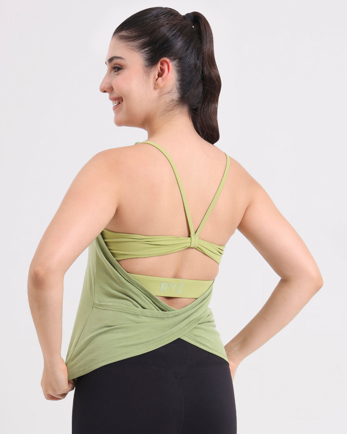 Swoosh Padded Cross-back Knot Blot Wrap Tank | In-built Sports bra | Yoga Top (GN)