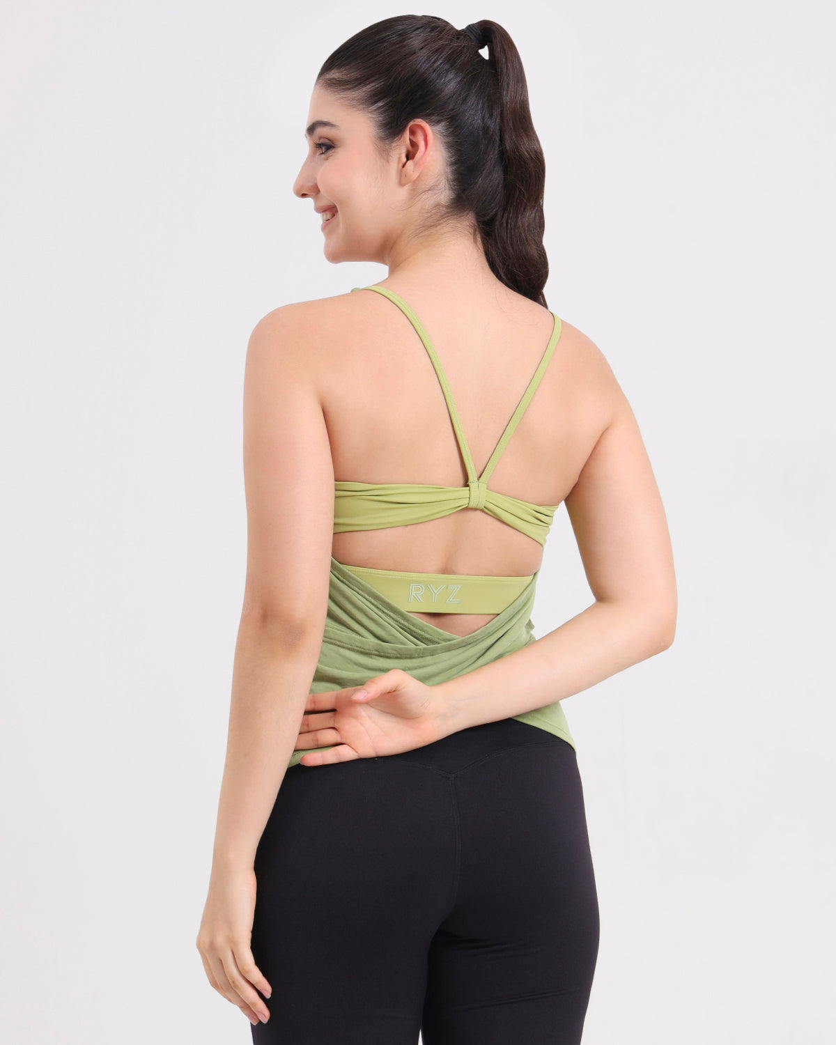 Swoosh Padded Cross-back Knot Blot Wrap Tank | In-built Sports bra | Yoga Top (GN)