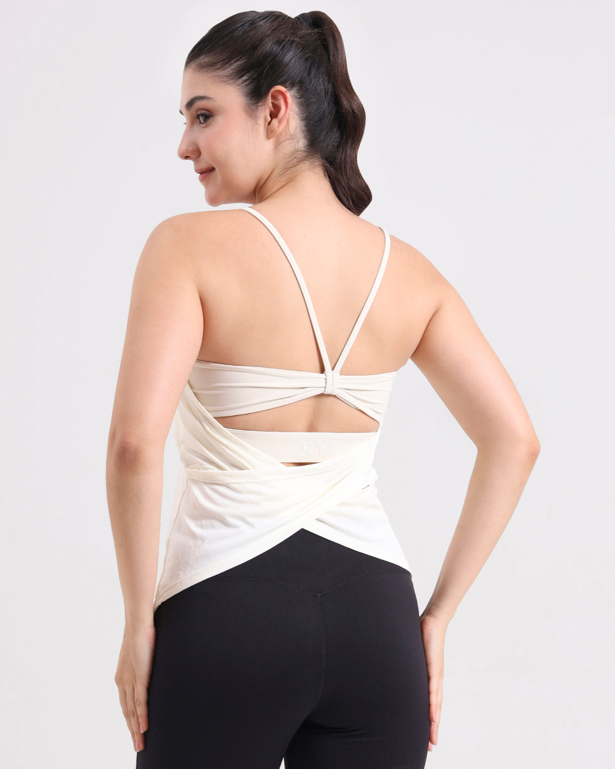 Swoosh Padded Cross-back Knot Blot Wrap Tank | In-built Sports bra | Yoga Top (I)