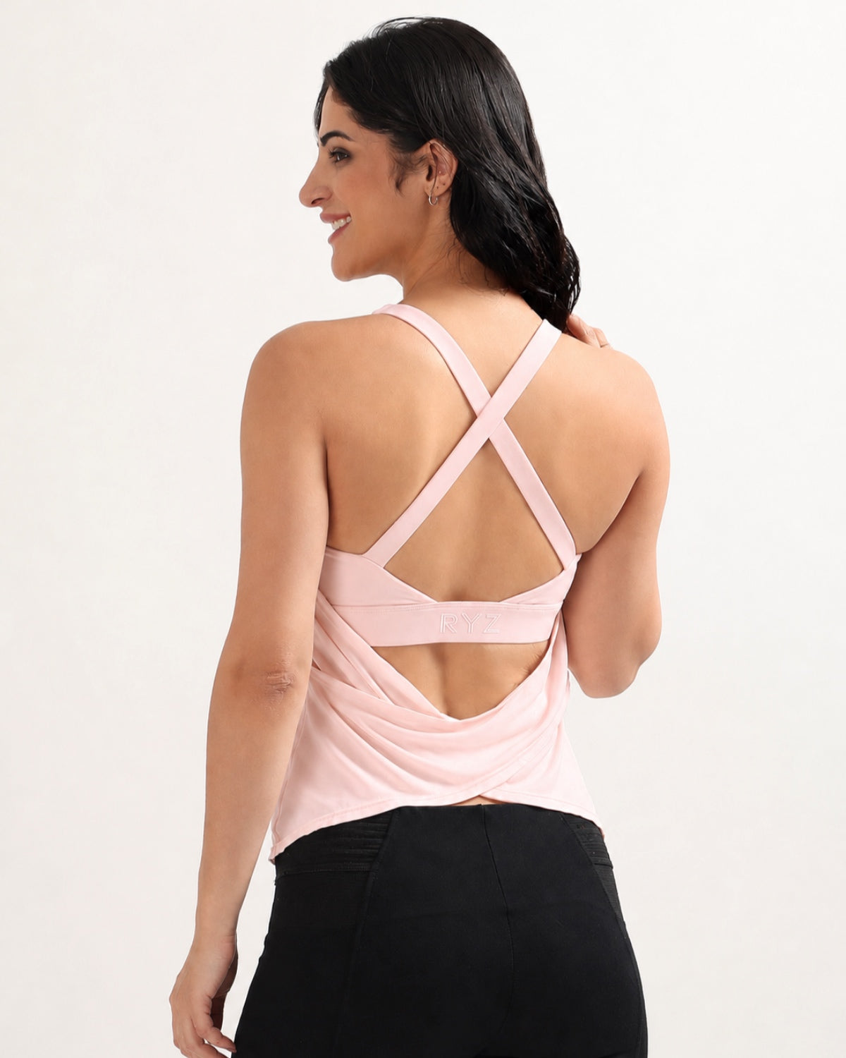RYZ Swoosh Padded Cross-back Wrap Tank in Blush Pink