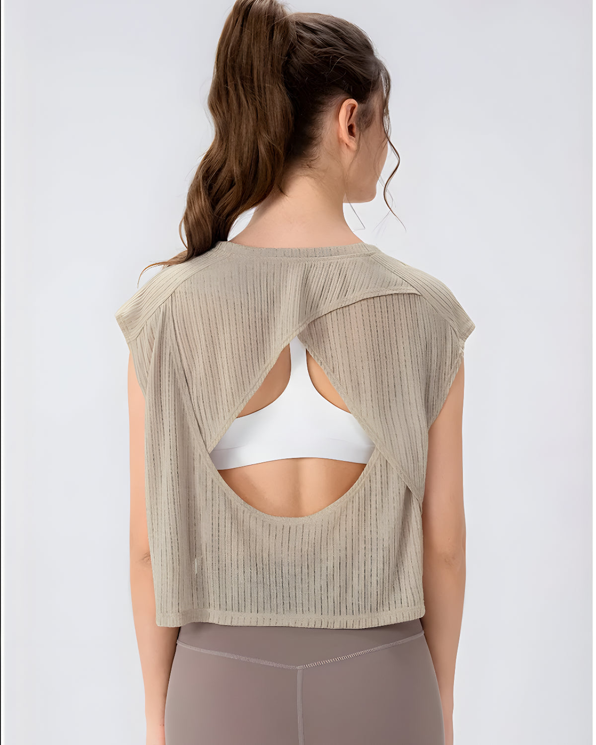 Core Flow Drape Over Top | Open-Back Workout Layer | Sheer Rib Mesh | Relaxed Cropped Fit (Khakhi)