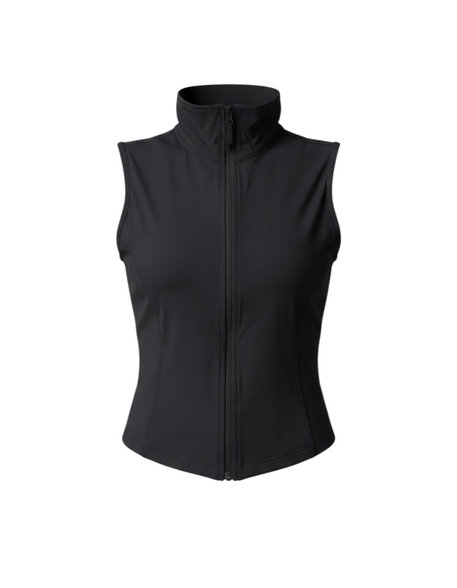 RYZ black Softretch sleeveless jacket with high neck and concealed zip, paired with dusty rose leggings.