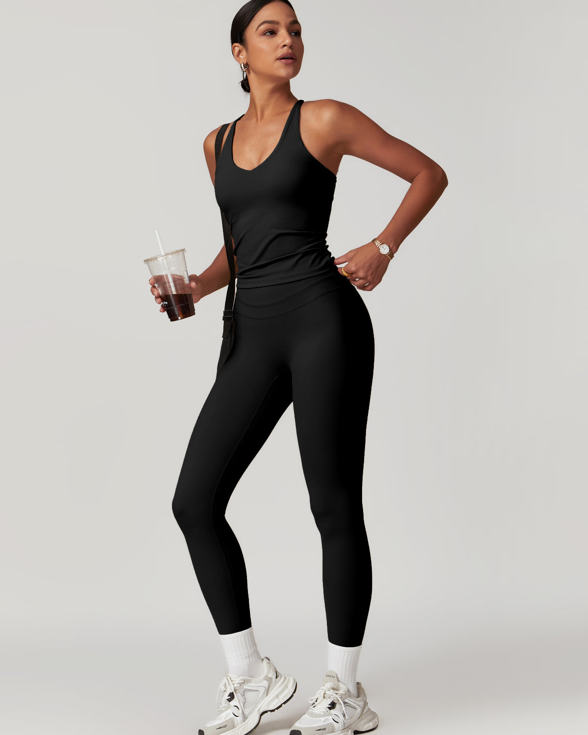 Core Sculpt Fit Set | Adjustable Straps Tank | Removable Pads | No Front Seam Leggings | Softretch® Workout Co-Ord (Black)